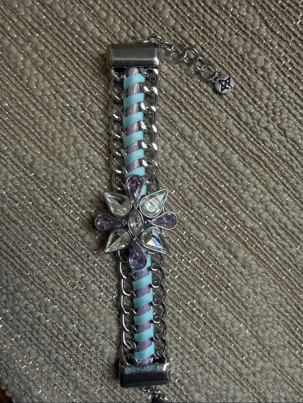 Crystal Flower Chain Bracelet in Silver with Lavender and Light Blue Accents